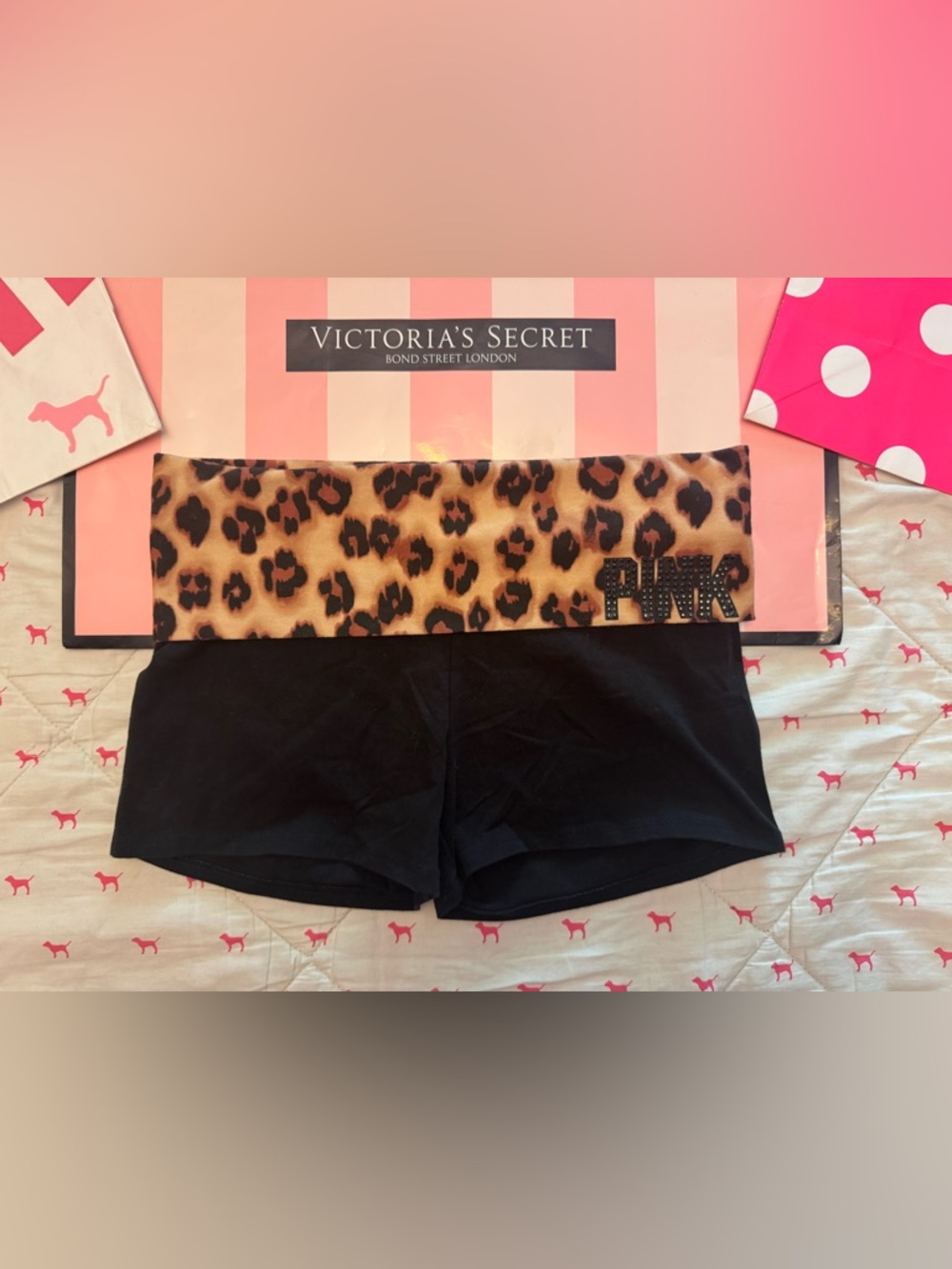 VS PINK VINTAGE Y2K FOLDOVER YOGA SHORTS LEOPARD CHEETAH BLING RHINESTONE NWOT S